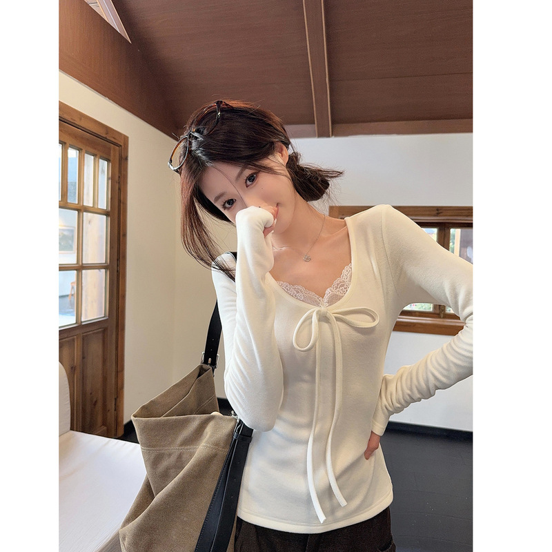 Mr [Threaded Velvet] White Lace V Neck Inner Layering Shirt T-Shirt Autumn and Winter Design Slim Long-Sleeved Top