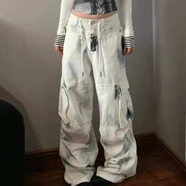 美式大码水洗擦色多口袋工装牛仔裤女街头直筒宽松阔腿拖地长裤子