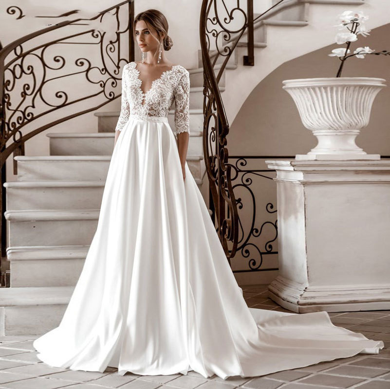 El Comercio exterior europeo y americano Amazon AliExpress desea nuevo vestido de novia de encaje con cuello en V sexy para adelgazar vestido de novia largo