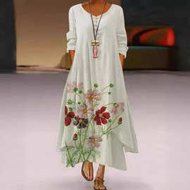 .立站wish亚马逊流行新品印花长袖连衣裙  女下摆不规则长裙现货