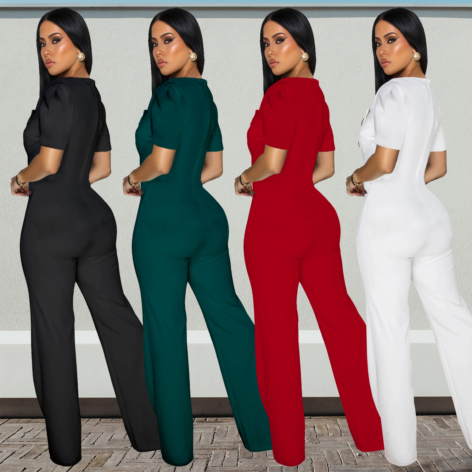 C7378 Cross-border AliExpress Amazon Ropa de mujer de moda europea y americana Botón grande Mono deportivo de pierna ancha de manga corta Nuevo image 3
