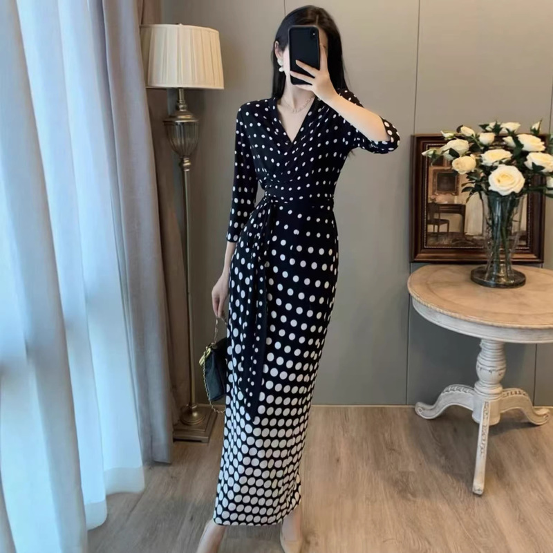 Black Gradient Polka Dot Wrap Skirt, Slim Fit Printed Dress, French Elegant Long Skirt, Waist Slimming