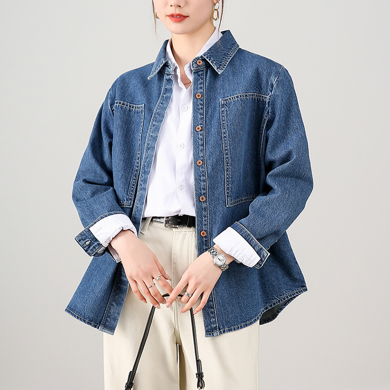 专柜平替牛仔叠穿衬衣女款感内搭蓝色港风复古牛仔衬衫