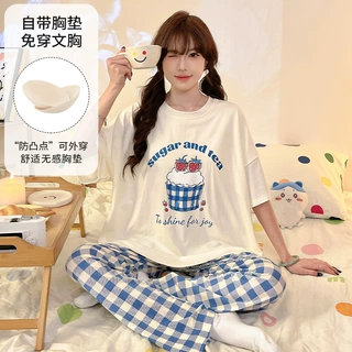 莫代尔女睡衣夏季新款带胸垫圆领短袖长裤学生卡通可爱家居服外穿