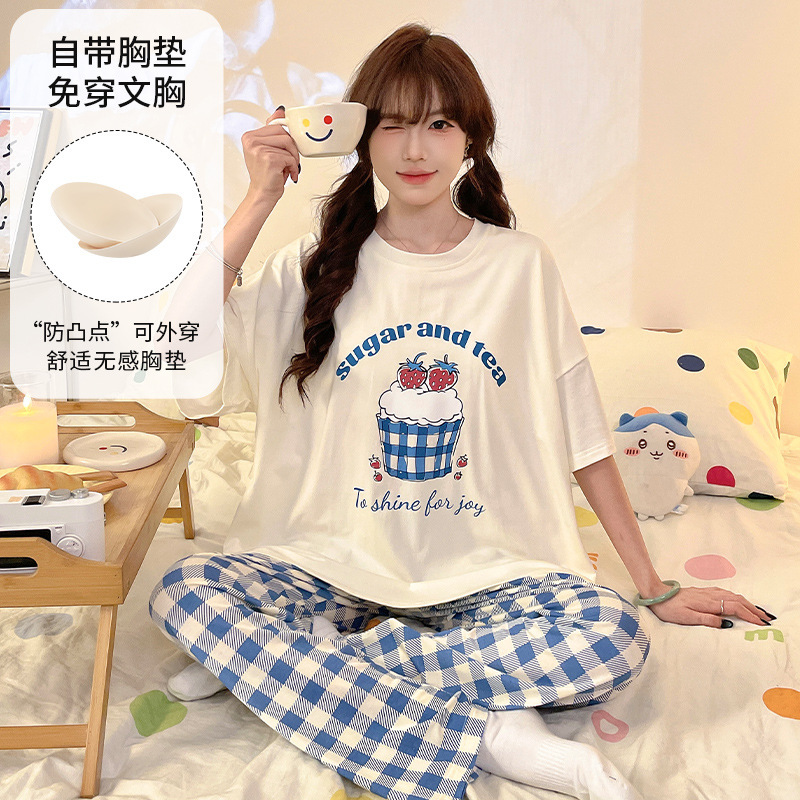 Modal Women's Pajamas Summer New Style with Chest Pads Round Neck Short-Sleeved Long Pants Student Cartoon Cute Home Clothes for Outer Wear Modal Women's Pajamas Summer New Style with Chest Pads Round Neck Short-Sleeved Long Pants Student Cartoon Cute Home Clothes for Outer Wear