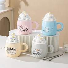 可爱猫咪杯手绘杯子创意陶瓷杯可爱水杯情侣马克杯带盖高级感杯子