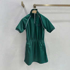 26春夏新品学院运动风校服高领白色条纹拉链短袖连衣裙