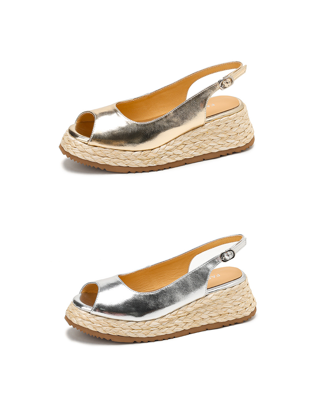 Sandal cao gót nữ mũi hở đế xuồng đan rơm — màu vàng, bạc chi tiết 21