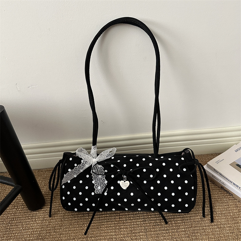 French-style niche baguette bag for women, 2026 new Korean version, high aesthetic casual polka dot bow shoulder commuter bag
