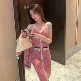 小香风套装2022年新款女秋季高端洋气减龄粉色针织两件套