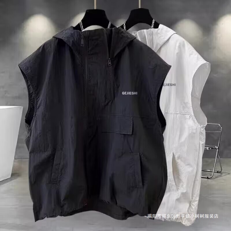American Trendy Brand Hooded Shirt for Men and Women in Summer Loose Solid Color Workwear Large Pocket Design Sleeveless Vest American Trendy Brand Hooded Shirt for Men and Women in Summer Loose Solid Color Workwear Large Pocket Design Sleeveless Vest