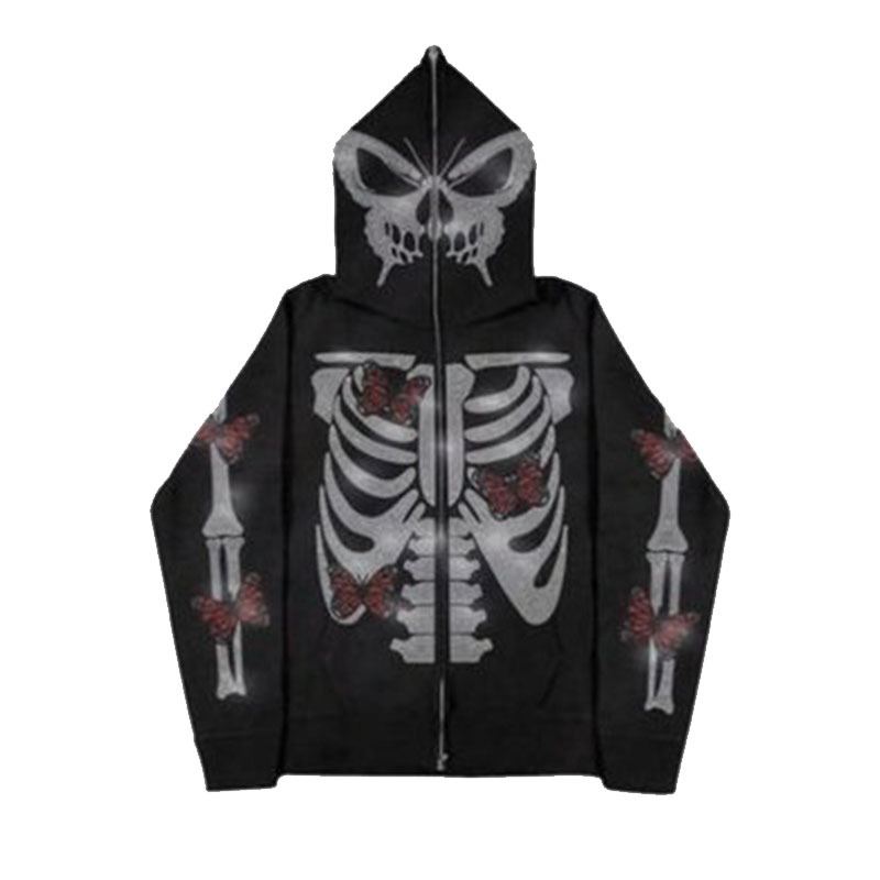 Gilet à capuche imprimé strass, fermeture éclair, coupe ample, unisexe, style Y2K_voghion.com