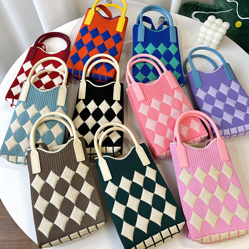 包包女韩版百搭小众设计格子菱形针织迷你可爱手机包斜挎包手拎包
