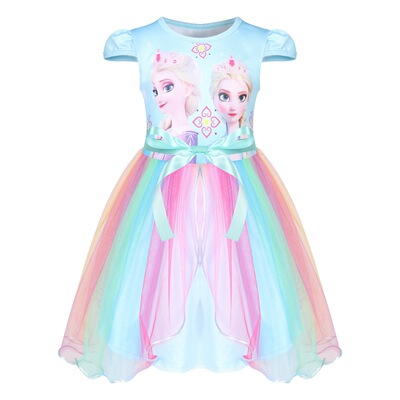 艾莎安娜公主姐妹2021中大女童新款裙冰雪半袖彩色网纱公主裙Y13|ms