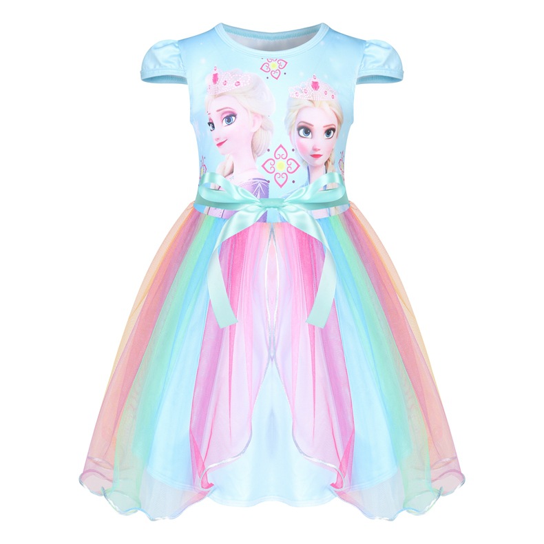 艾莎安娜公主姐妹2021中大女童新款裙冰雪半袖彩色网纱公主裙Y13|ms