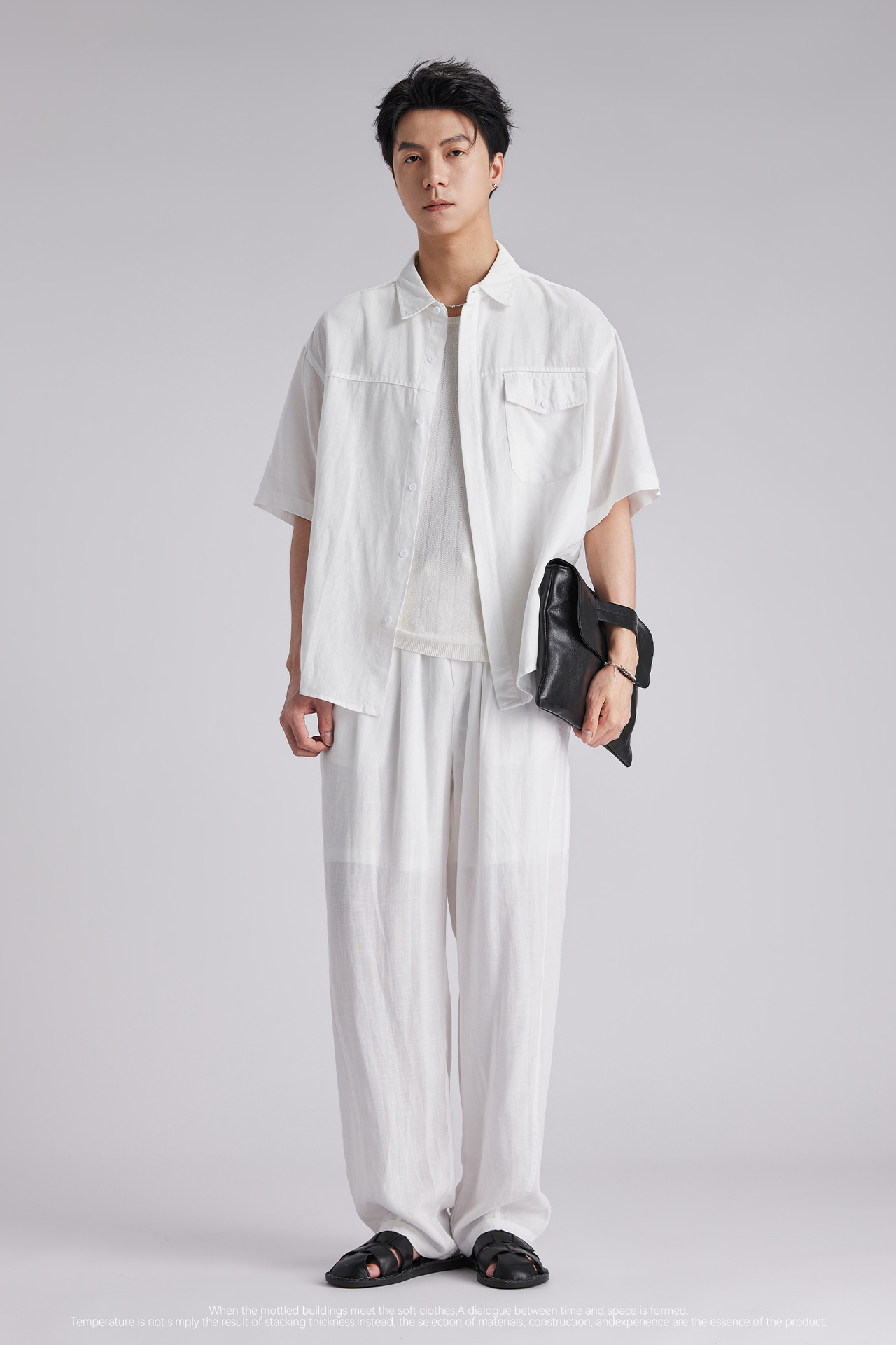 Bộ sơ mi linen tay ngắn nam phong cách lịch lãm, thoáng mát — Xanh navy chi tiết 2