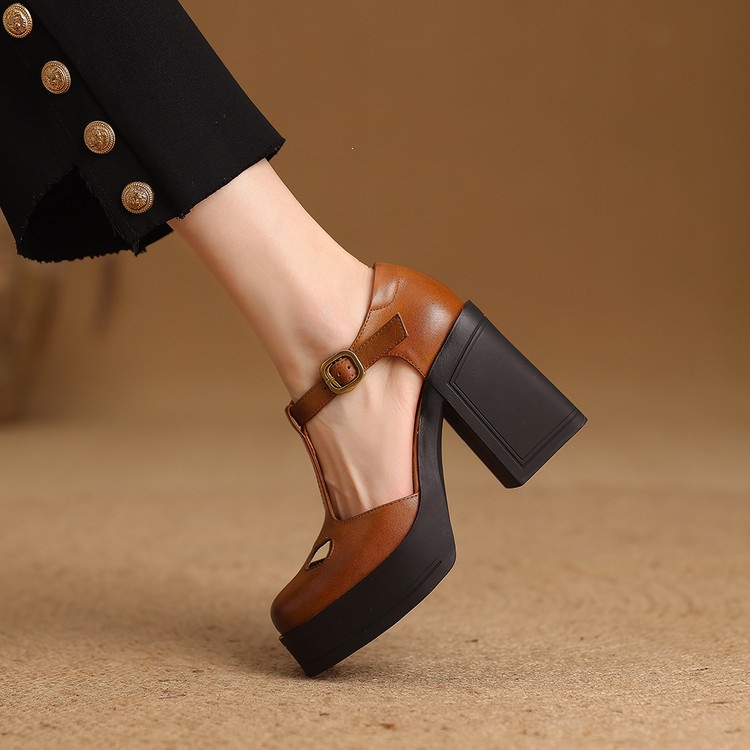 Sandal nữ đế xuồng platform gót vuông phong cách vintage khóa kim loại — màu nâu, màu đen chi tiết 33