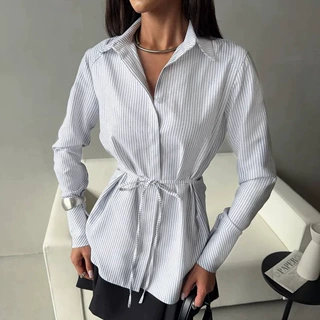 跨境绑带衬衫女欧美秋季新款开衫绑带设计感上衣纯棉修身衬衫女