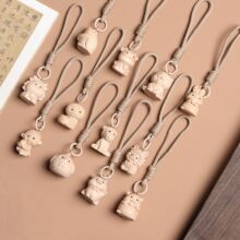 榉木雕刻十二生肖招财猫可爱猫钥匙扣挂件包挂流苏钥匙扣文玩可爱