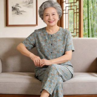中老年女夏装套装奶奶短袖两件套衬衣老年妈妈衣服老年人棉绸套装