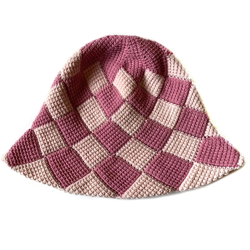 新渔夫帽女四季百搭棉线帽加密钩编针织棋盘格帽时尚休闲手钩帽