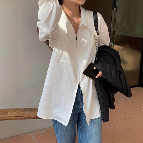 White Shirt Women Spring Long Sleeve French Loose Matchable Elegant Medium Length Zipper Design Sun Protection Top