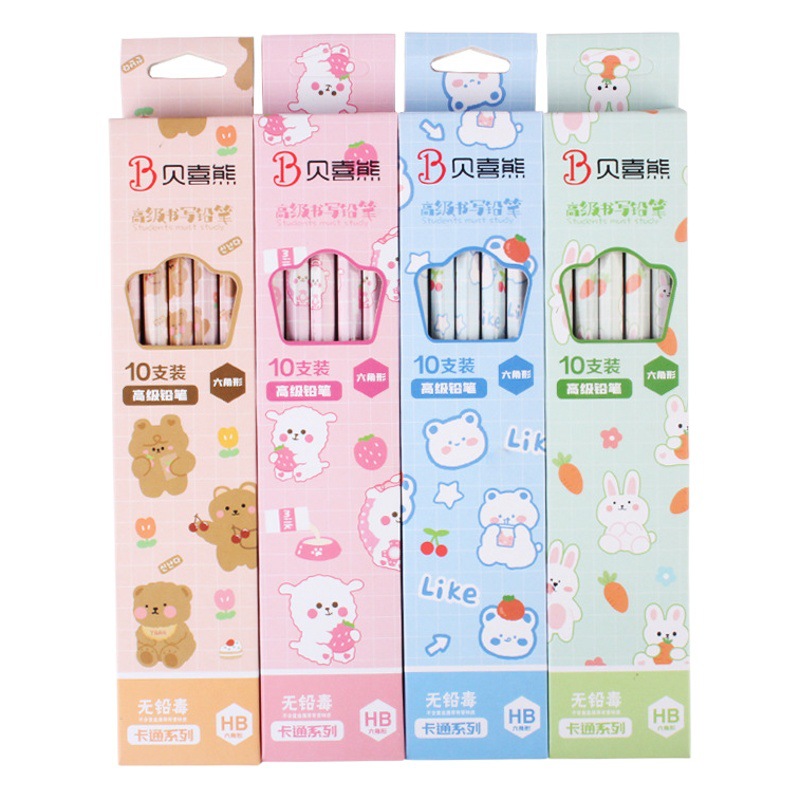 Lápiz en caja de dibujos animados 10 piezas estudiante escritura HB lápiz con goma vacaciones Premio regalo lápiz al por mayor