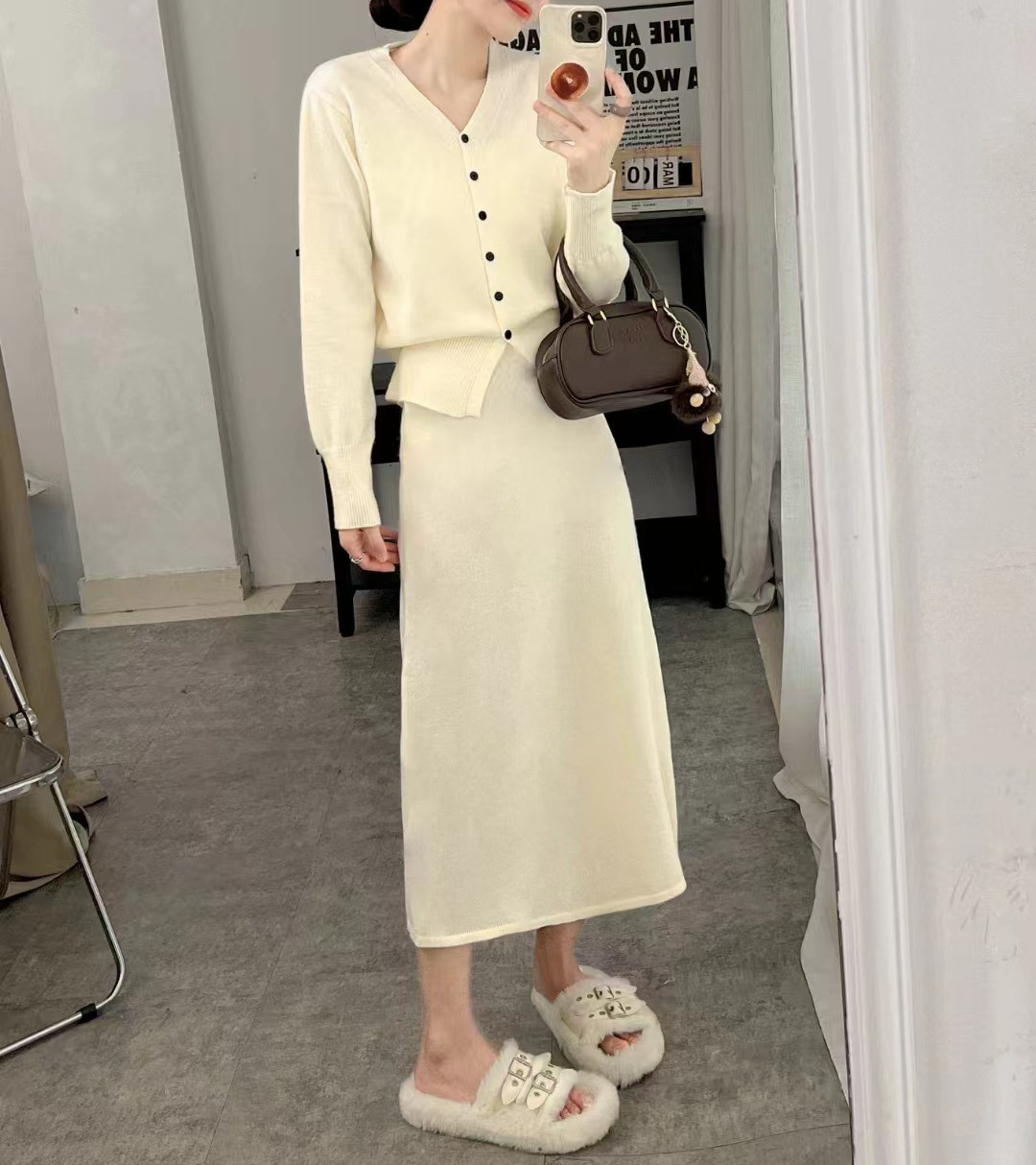 Temperamento piccolo profumo stile due pezzi donna primavera e autunno scollo a V cardigan lavorato a maglia linea A metà corpo lungo_voghion.com