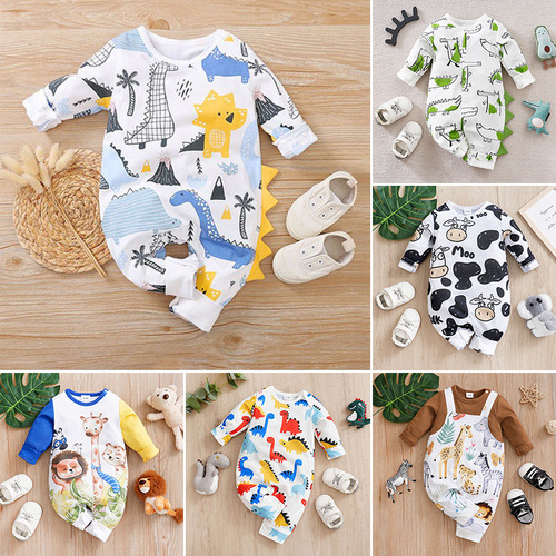 Spring and Autumn Baby Suit Set, Long-Sleeve Cartoon Baby Clothes, Baby Crawling Outfit Dinosaur Ins Style Cross-Border
