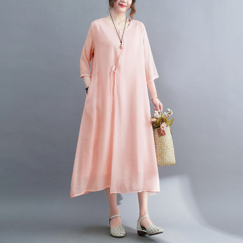 2022 Real-shot In-stock Vintage Artistic Elegant Cotton-linen Cool Round-neck Three-quarter Sleeve Zen-style Robe Dress_ecoleips.com