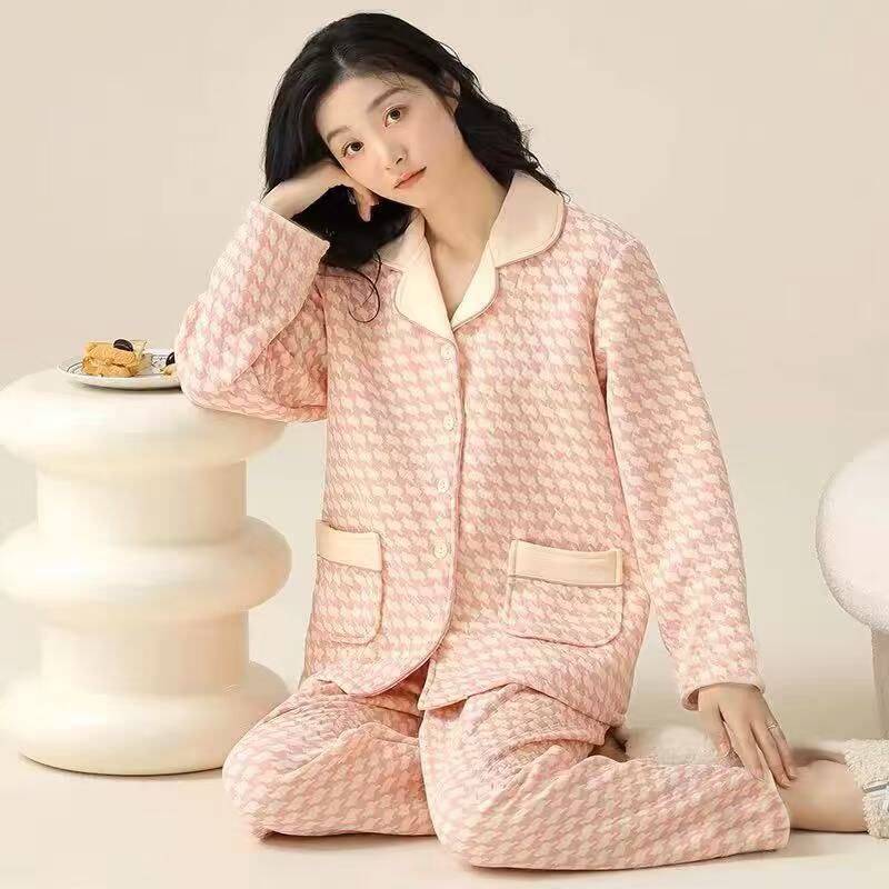 秋と冬の女性用パジャマ、暖かく厚みのある中間層エアコットン長袖ズボン、人形の襟、純綿の甘いホームウェアセット|undefined