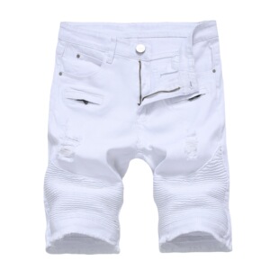 Men's foreign trade High Street zipper Stretch Slim casual Denim white black shorts grab ripped men's middle pants