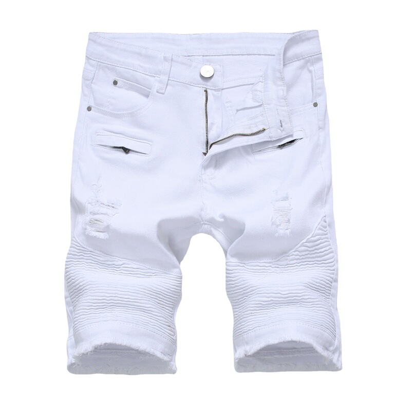 Men's Export High Street Zipper Elastic Slim Casual Denim White Black Shorts with Holes Men's Mid-Pants