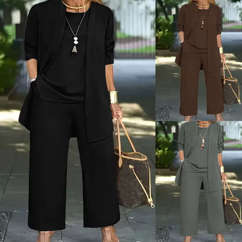 欧美外贸跨境秋冬百搭纯色休闲通勤长裤长袖开衫外套背心三件套女