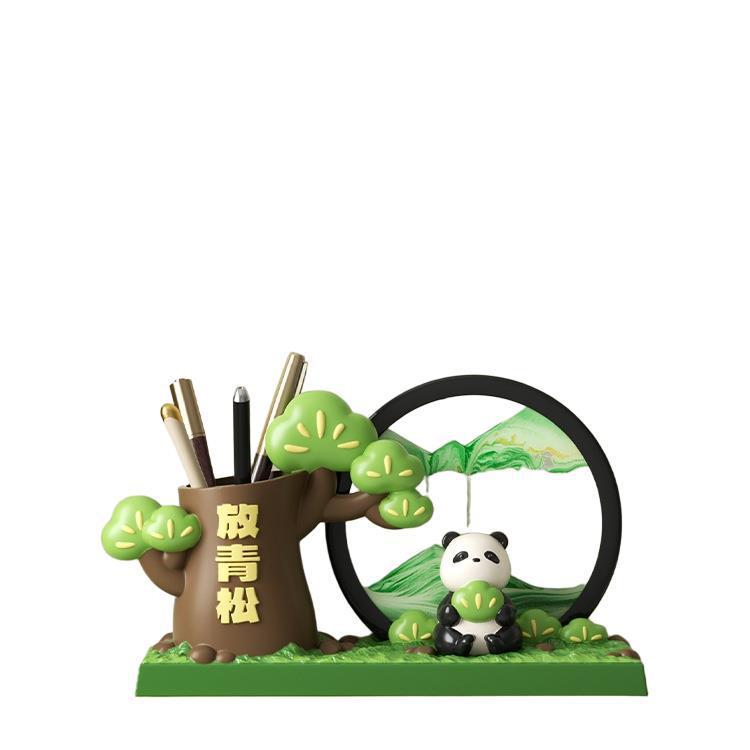 放轻松熊猫笔筒放青松流沙画摆件笔筒办公室桌面送老师的实用礼物|undefined