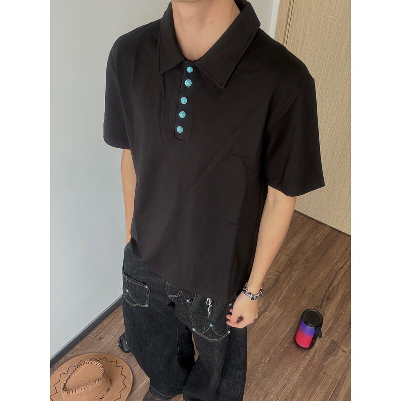 Cross-Border Foreign Trade American Retro Style Turquoise Short-Sleeve Polo Shirt for Men, Summer Loose Fit Versatile Casual Half-Sleeve