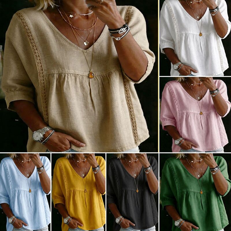 2026 New Foreign Trade Cross-Border Women's Lace V-Neck Pullover Solid Color Casual Three-Quarter Sleeve Blouse Shirt 2026 New Foreign Trade Cross-Border Women's Lace V-Neck Pullover Solid Color Casual Three-Quarter Sleeve Blouse Shirt