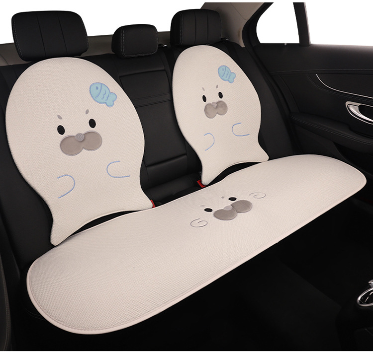 Car Seat Cushion Made of Linen Material with Seal Pattern, Suitable for All Seasons, Available as a Single Piece or a Three-Piece Set, with Optional Car Ventilation Cushion