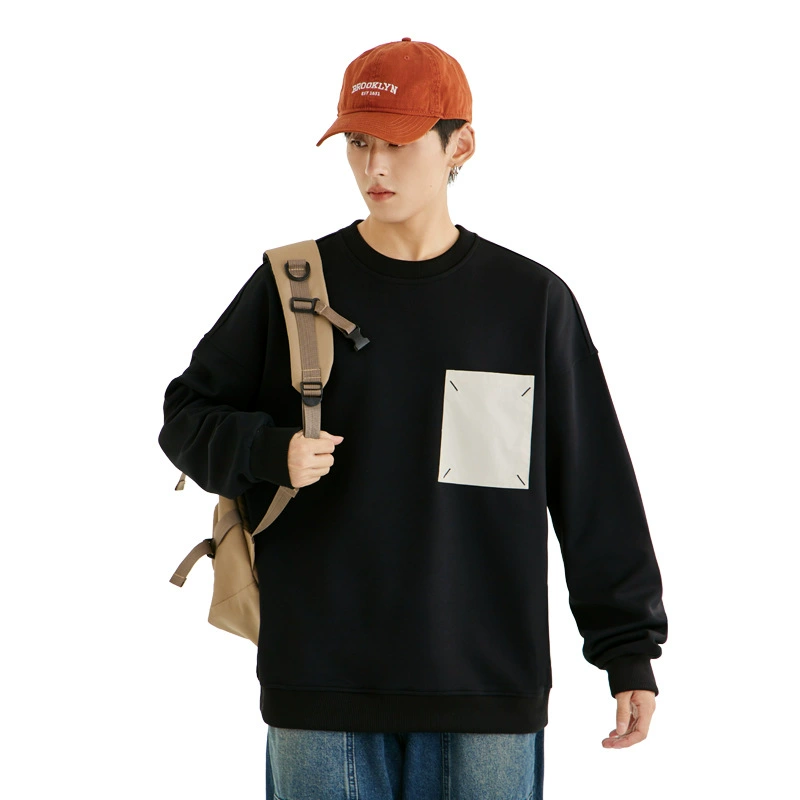 [Фабрика прямых продаж] Высокое качество с плечами свободный круглый воротник свитер мужской тренд гонконгский стиль наклейки декоративный пуловер свитер