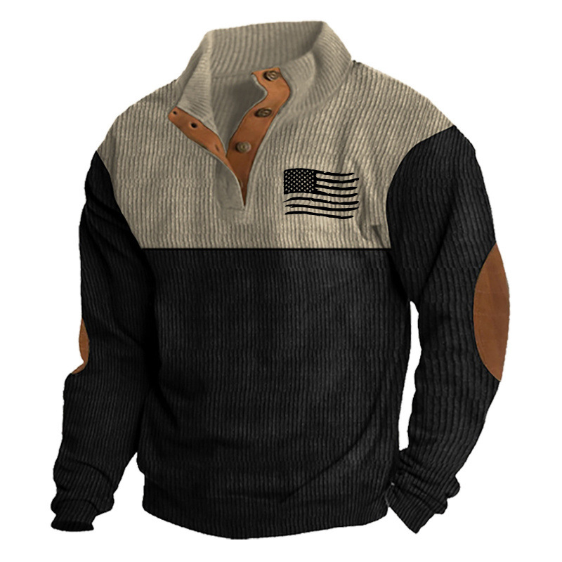 Cross-border Amazon best-selling autumn and winter European size corduroy men's printed casual stand-up collar polo long-sleeve sweatshirt