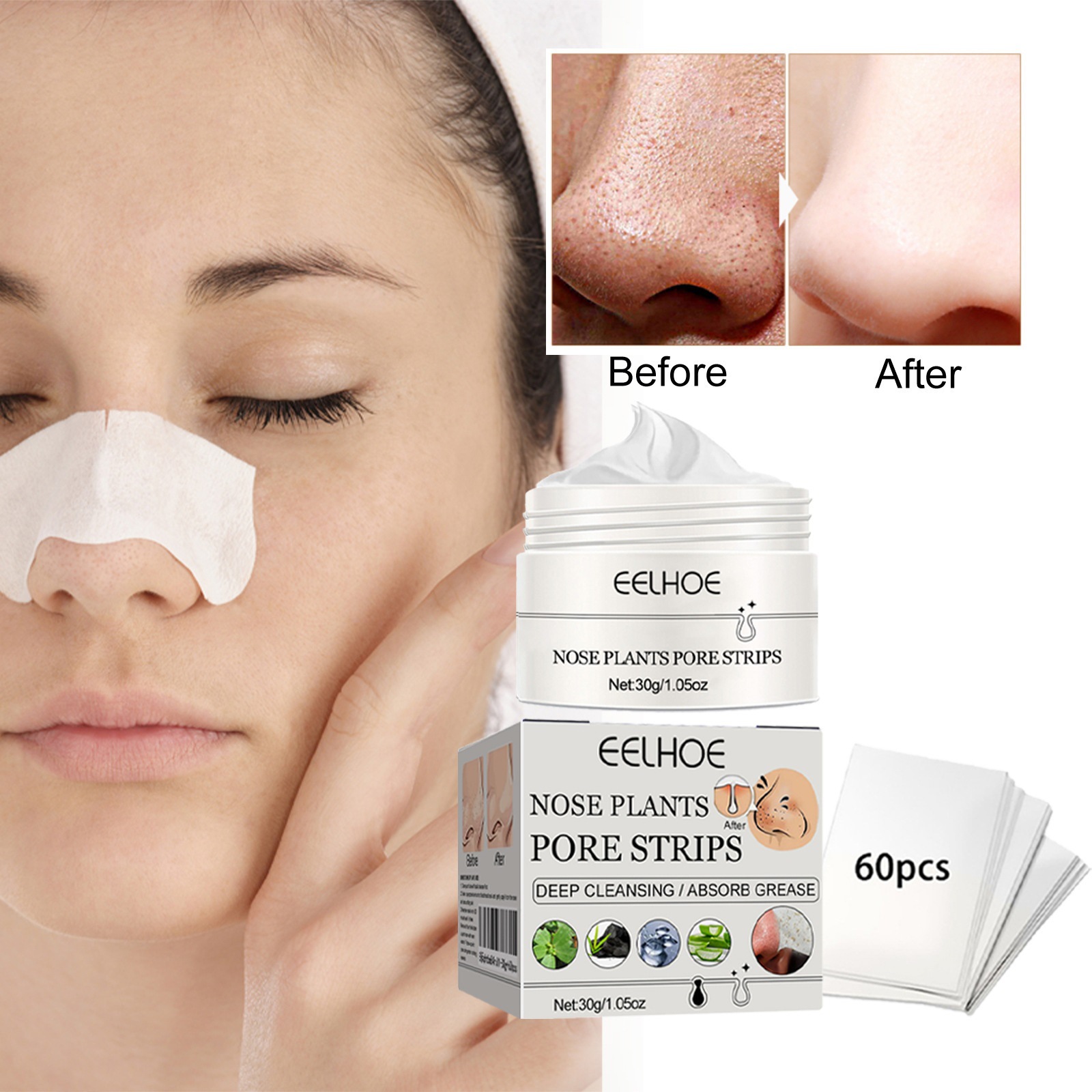 30g Deep Cleansing Blackhead Remover Nose Mask Pore Strip 60