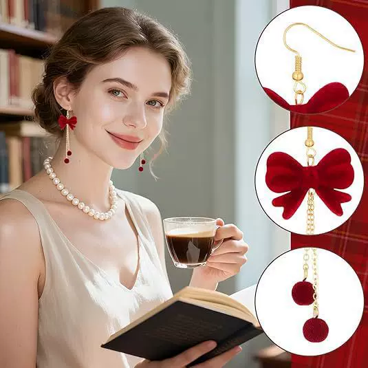 Cross-Border New Style Flocked Bow Candy Ball Tassel Earrings for Women New Year Christmas Snowflake Pom-Pom Earrings