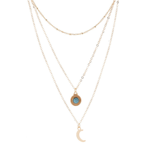 Trendy, Versatile European & American-style Accessories: Instagram-Favorite Turquoise Multi-Layer Necklace for Women – Featuring a Chic Metal Moon Pendant Choker