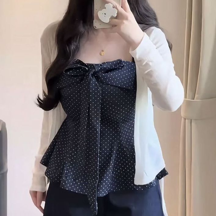 特大码胖mm纯欲波点抹胸背心吊带开衫夏秋季显瘦遮肉上衣两件套装|undefined
