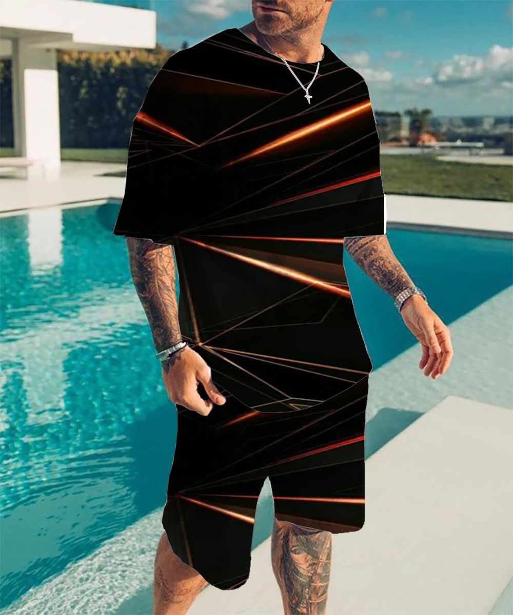 크로스 보더 3D 디지털 기하학 인쇄 남자 여름 반소매 _ 비치 바지 세트 트렌드 티셔츠 _ 반바지 세트
