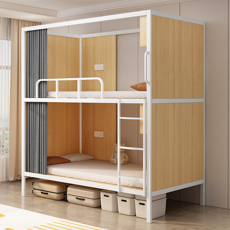 Cama tipo cápsula espacial, apartamento cápsula tipo hostal, cama de dos pisos, combinación de acero y madera, dormitorio de hotel, diseño de cápsula espacial