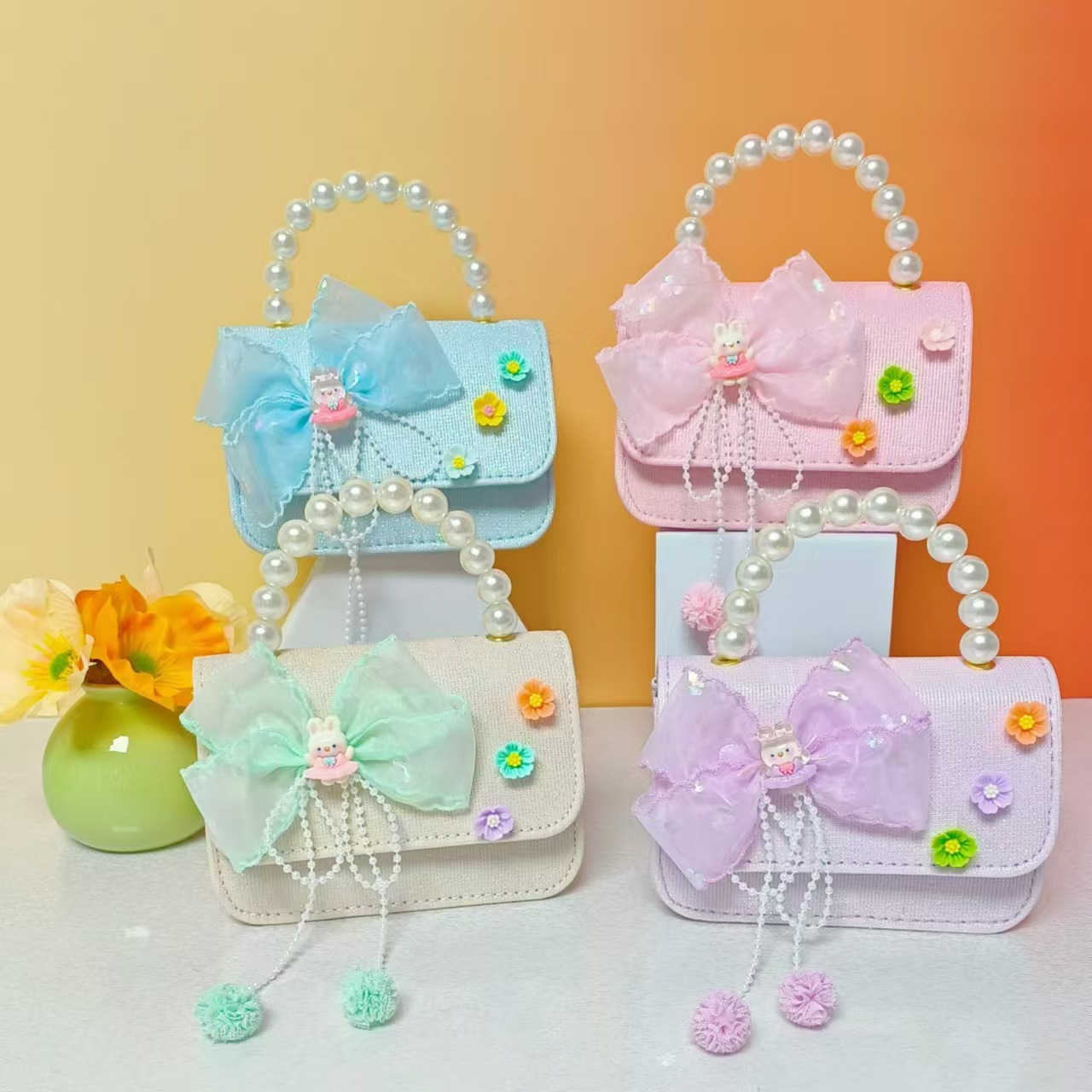 Bolso de perla de arco princesa hombro de hombro bolso de cambio accesorios para niñas pequeñas bolsas de cadena de viento para niños