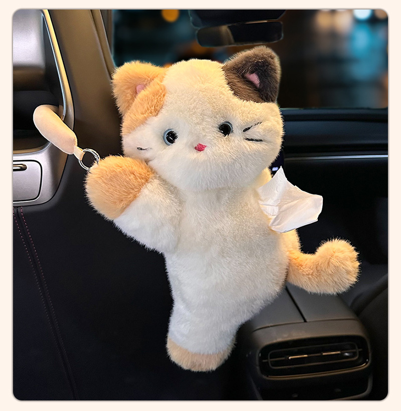 Cat Car Tissue Box, Cute Cartoon Car Seat Back Hanging Tissue Box, Creative Plush Toy Tissue Hanging Bag
