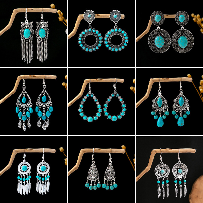 1 Pair Casual Retro Geometric Beaded Alloy Turquoise Drop Earrings display picture 1