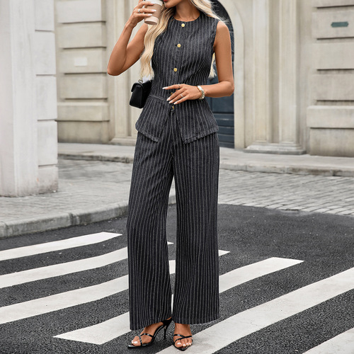 European and American Cross-Border Foreign Trade Women's Autumn New Amazon Independent Station Washed Leisure Striped Sleeveless Denim Set